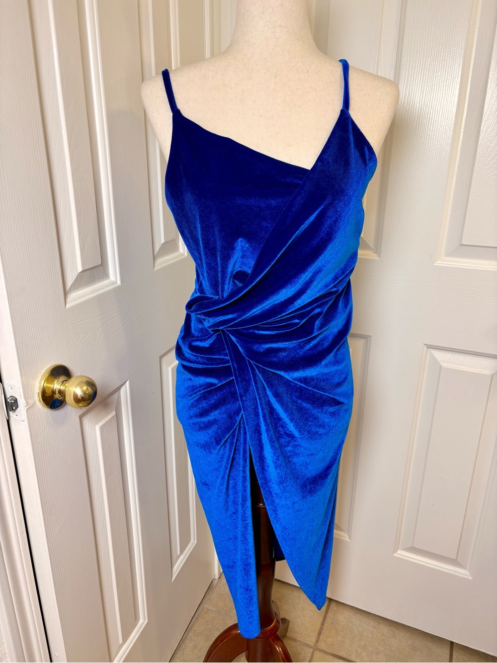 Double Crazy Blue Velvet Midi Dress Draped Front Slit Party Cocktail Medium